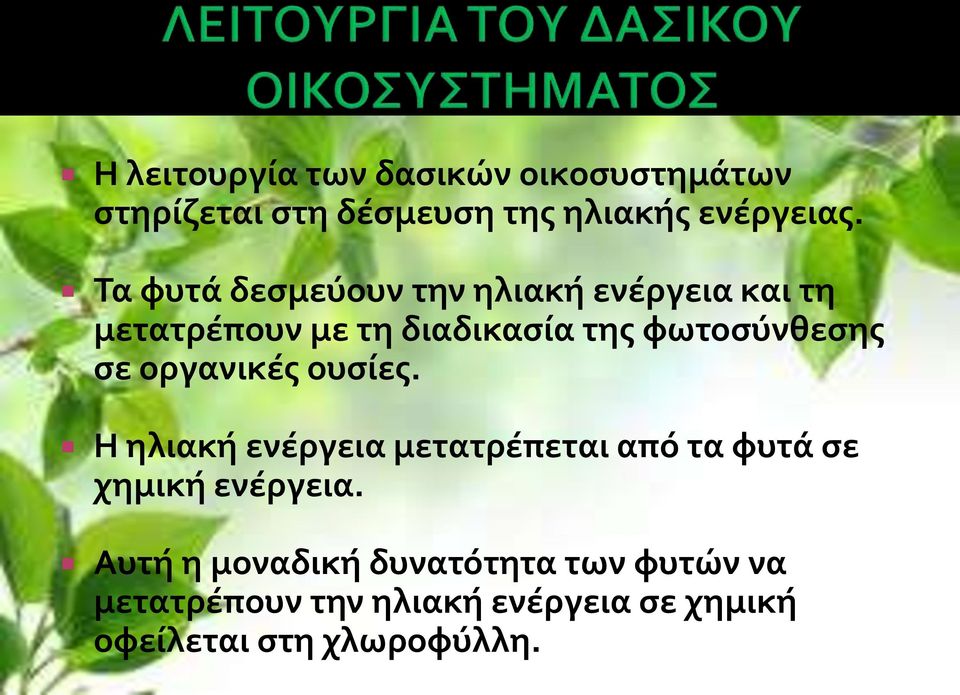 σε οργανικές ουσίες. Η ηλιακή ενέργεια μετατρέπεται από τα φυτά σε χημική ενέργεια.