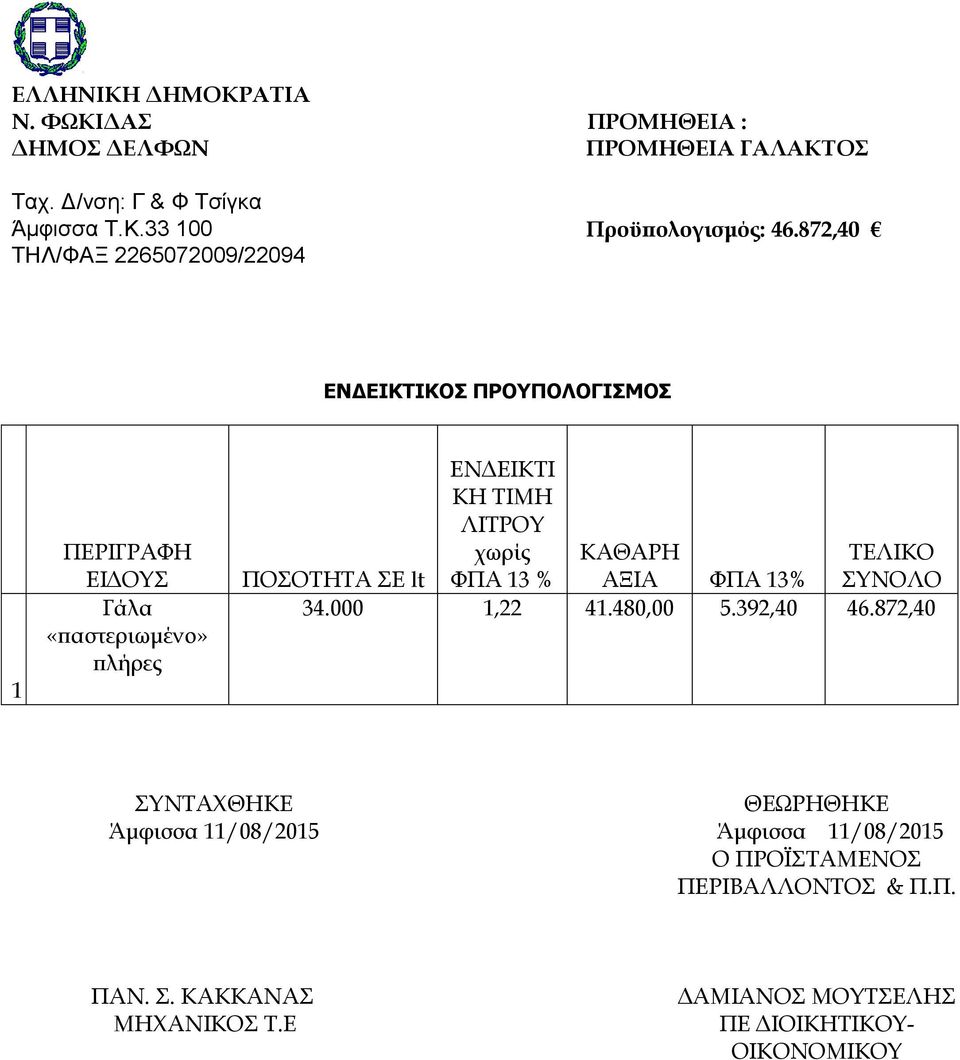 ΚΗ ΤΙΜΗ ΛΙΤΡΟΥ χωρίς ΦΠΑ 13 % ΚΑΘΑΡΗ ΑΞΙΑ ΦΠΑ 13% ΤΕΛΙΚΟ ΣΥΝΟΛΟ 34.000 1,22 41.480,00 5.392,40 46.