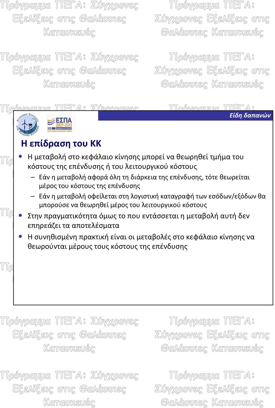 καταγραφή των εσόδων/εξόδων θα μπορούσε να θεωρηθεί μέρος του λειτουργικού κόστους Στην πραγματικότητα όμως το που εντάσσεται η μεταβολή