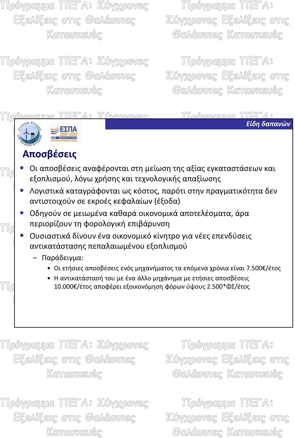 φορολογική επιβάρυνση Ουσιαστικά δίνουν ένα οικονομικό κίνητρο για νέες επενδύσεις αντικατάστασης πεπαλαιωμένου εξοπλισμού Παράδειγμα: Οι ετήσιες αποσβέσεις
