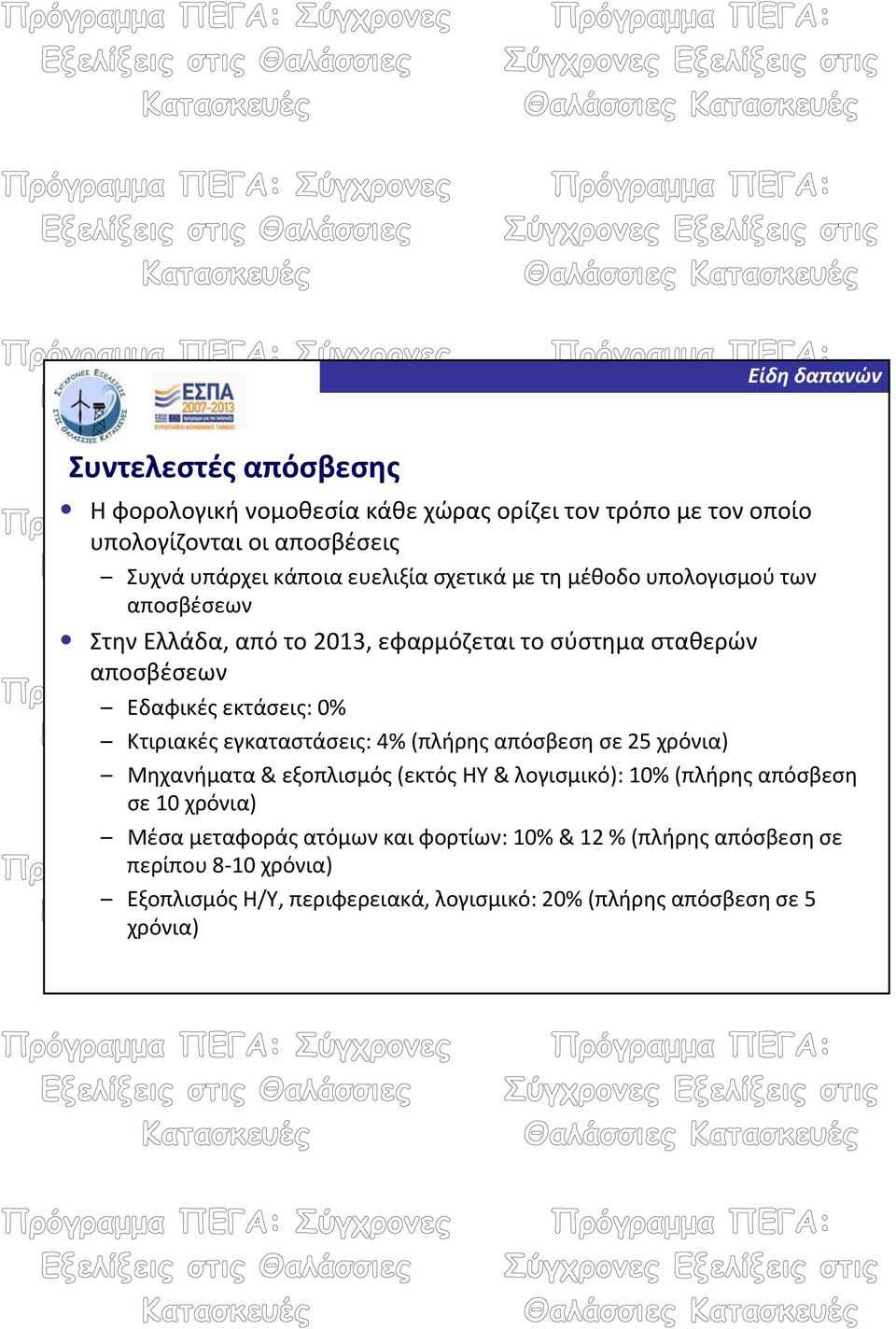 Κτιριακές εγκαταστάσεις: 4% (πλήρης απόσβεση σε 25 χρόνια) Μηχανήματα & εξοπλισμός (εκτός ΗΥ & λογισμικό): 10% (πλήρης απόσβεση σε 10 χρόνια) Μέσα