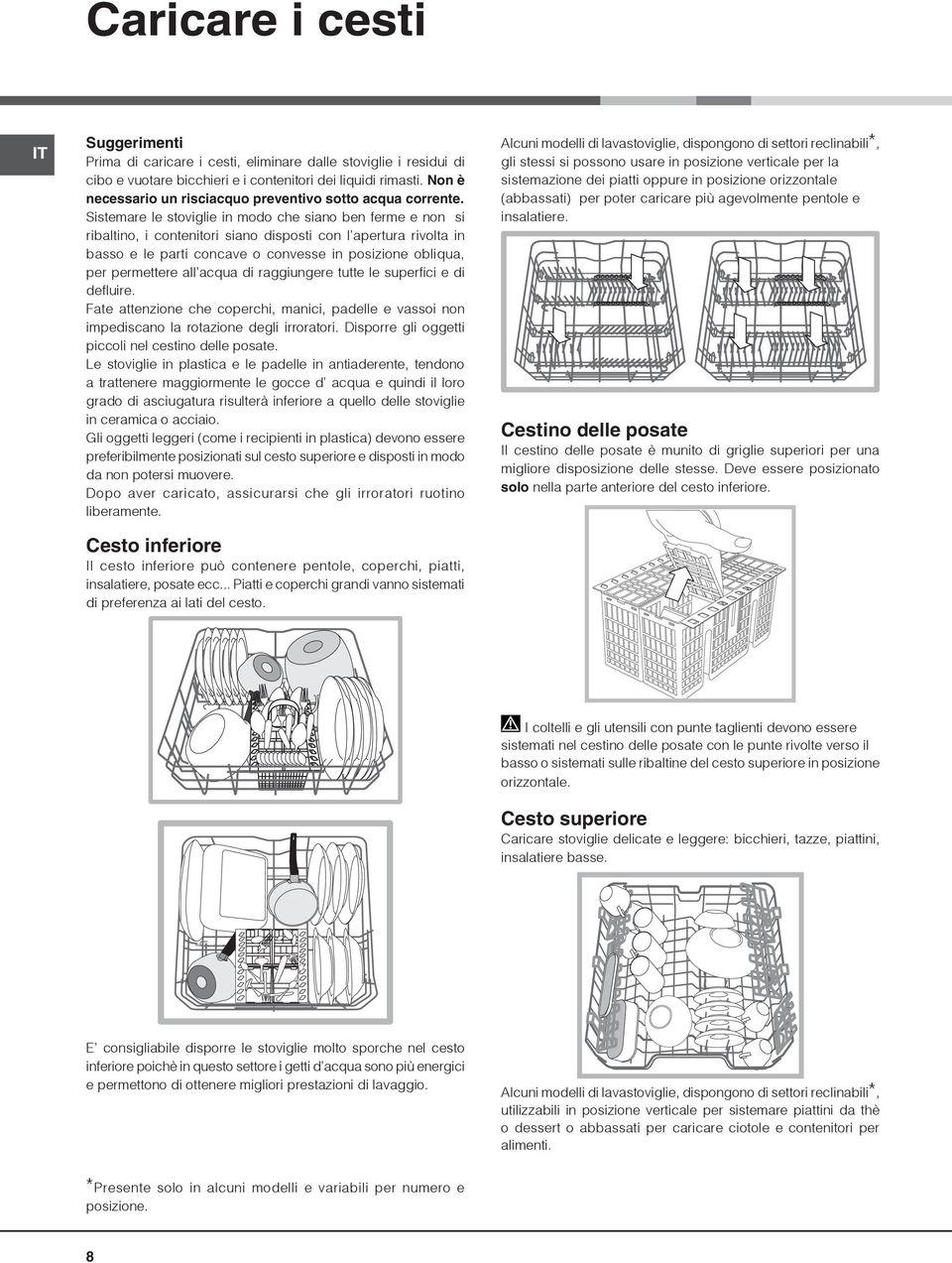 Sistemare le stoviglie in modo che siano ben ferme e non si ribaltino, i contenitori siano disposti con l apertura rivolta in basso e le parti concave o convesse in posizione obliqua, per permettere