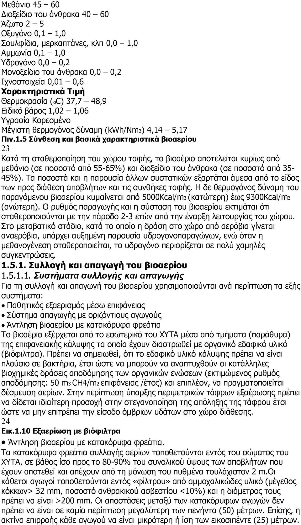 02-1,06 Υγρασία Κορεσμένο Μέγιστη θερμογόνος δύναμη (kwh/nm3) 4,14-5,17 Πιν.1.5 Σύνθεση και βασικά χαρακτηριστικά βιοαερίου 23 Κατά τη σταθεροποίηση του χώρου ταφής, το βιοαέριο αποτελείται κυρίως