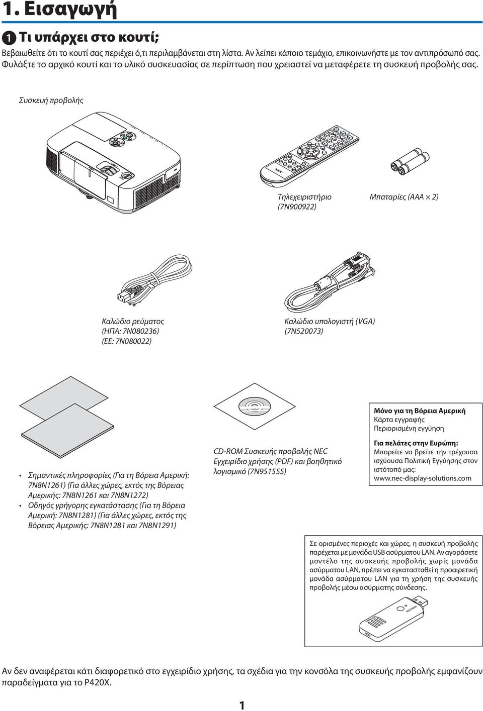 Συσκευή προβολής Τηλεχειριστήριο (7N900922) Μπαταρίες (AAA 2) Καλώδιο ρεύματος (ΗΠΑ: 7N080236) (ΕΕ: 7N080022) Καλώδιο υπολογιστή (VGA) (7N520073) Σημαντικές πληροφορίες (Για τη Βόρεια Αμερική: