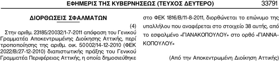 50002/14 12 2010 (ΦΕΚ 2022/Β/27 12 2010) διαπιστωτικής πράξης του Γενικού Γραμματέα Περιφέρειας Αττικής, η οποία δημοσιεύθηκε στο