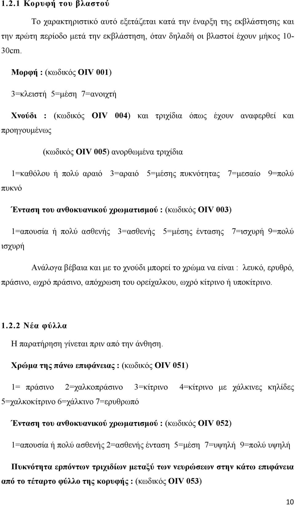 5=μέσης πυκνότητας 7=μεσαίο 9=πολύ πυκνό Ένταση του ανθοκυανικού χρωματισμού : (κωδικός OIV 003) 1=απουσία ή πολύ ασθενής 3=ασθενής 5=μέσης έντασης 7=ισχυρή 9=πολύ ισχυρή Ανάλογα βέβαια και με το