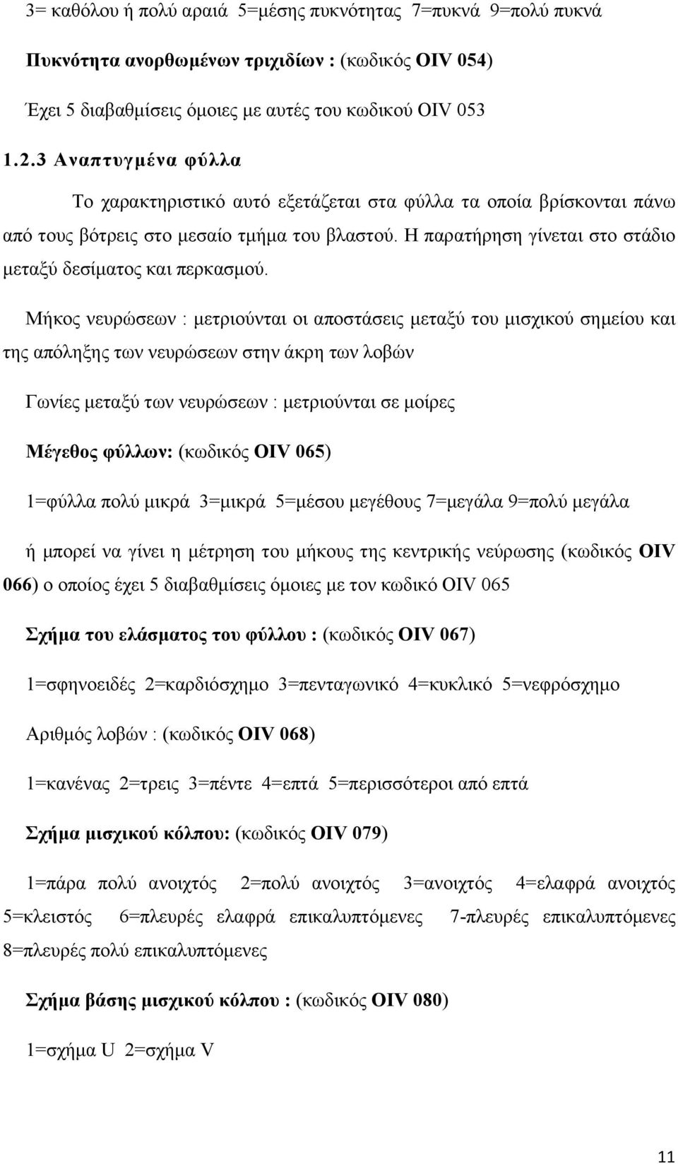 Μήκος νευρώσεων : μετριούνται οι αποστάσεις μεταξύ του μισχικού σημείου και της απόληξης των νευρώσεων στην άκρη των λοβών Γωνίες μεταξύ των νευρώσεων : μετριούνται σε μοίρες Μέγεθος φύλλων: (κωδικός