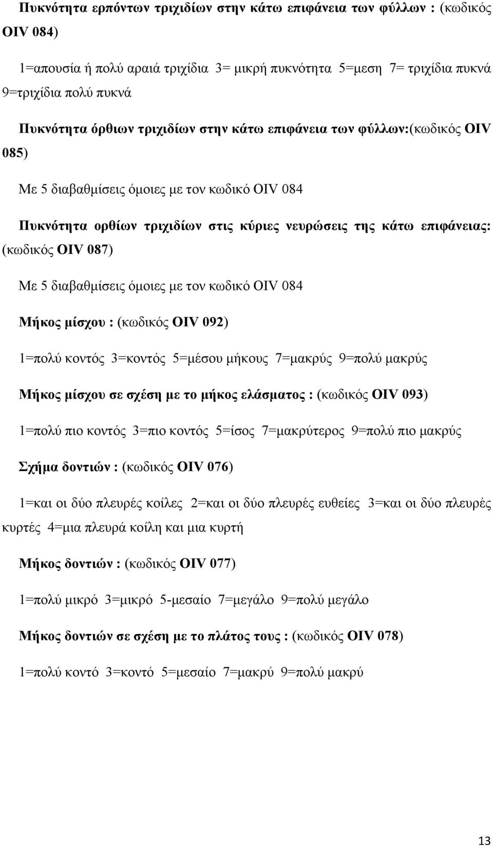 διαβαθμίσεις όμοιες με τον κωδικό OIV 084 Μήκος μίσχου : (κωδικός OIV 092) 1=πολύ κοντός 3=κοντός 5=μέσου μήκους 7=μακρύς 9=πολύ μακρύς Μήκος μίσχου σε σχέση με το μήκος ελάσματος : (κωδικός OIV 093)