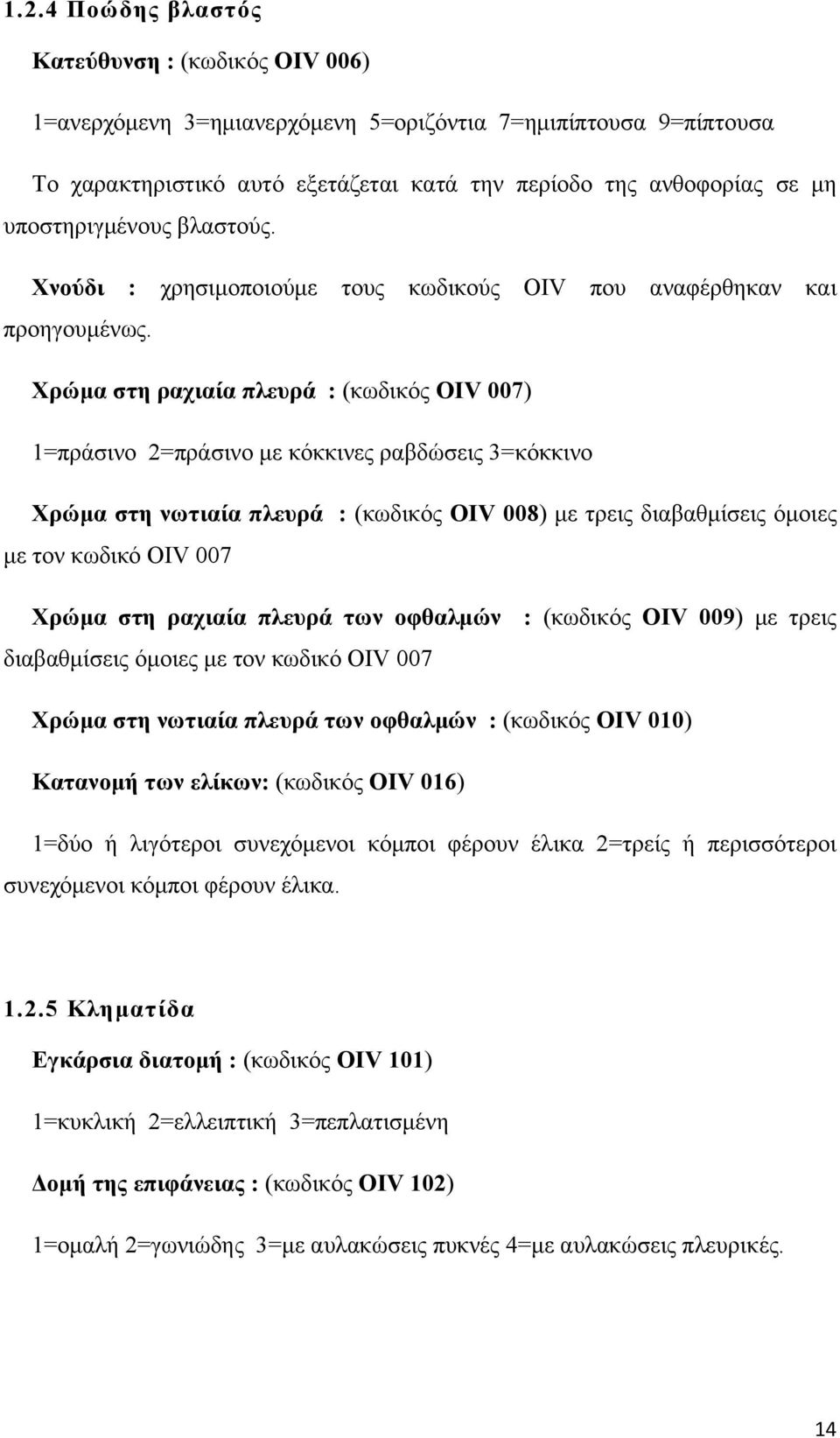 Χρώμα στη ραχιαία πλευρά : (κωδικός OIV 007) 1=πράσινο 2=πράσινο με κόκκινες ραβδώσεις 3=κόκκινο Χρώμα στη νωτιαία πλευρά : (κωδικός OIV 008) με τρεις διαβαθμίσεις όμοιες με τον κωδικό OIV 007 Χρώμα