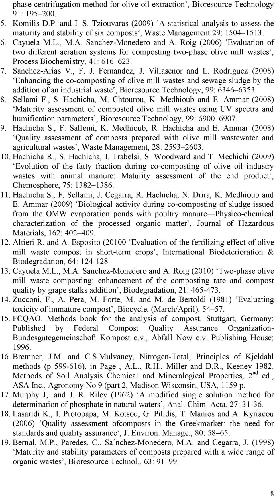 Roig (2006) Evaluation of two different aeration systems for composting two-phase olive mill wastes, Process Biochemistry, 41: 616 623. 7. Sanchez-Arias V., F. J. Fernandez, J. Villasenor and L.