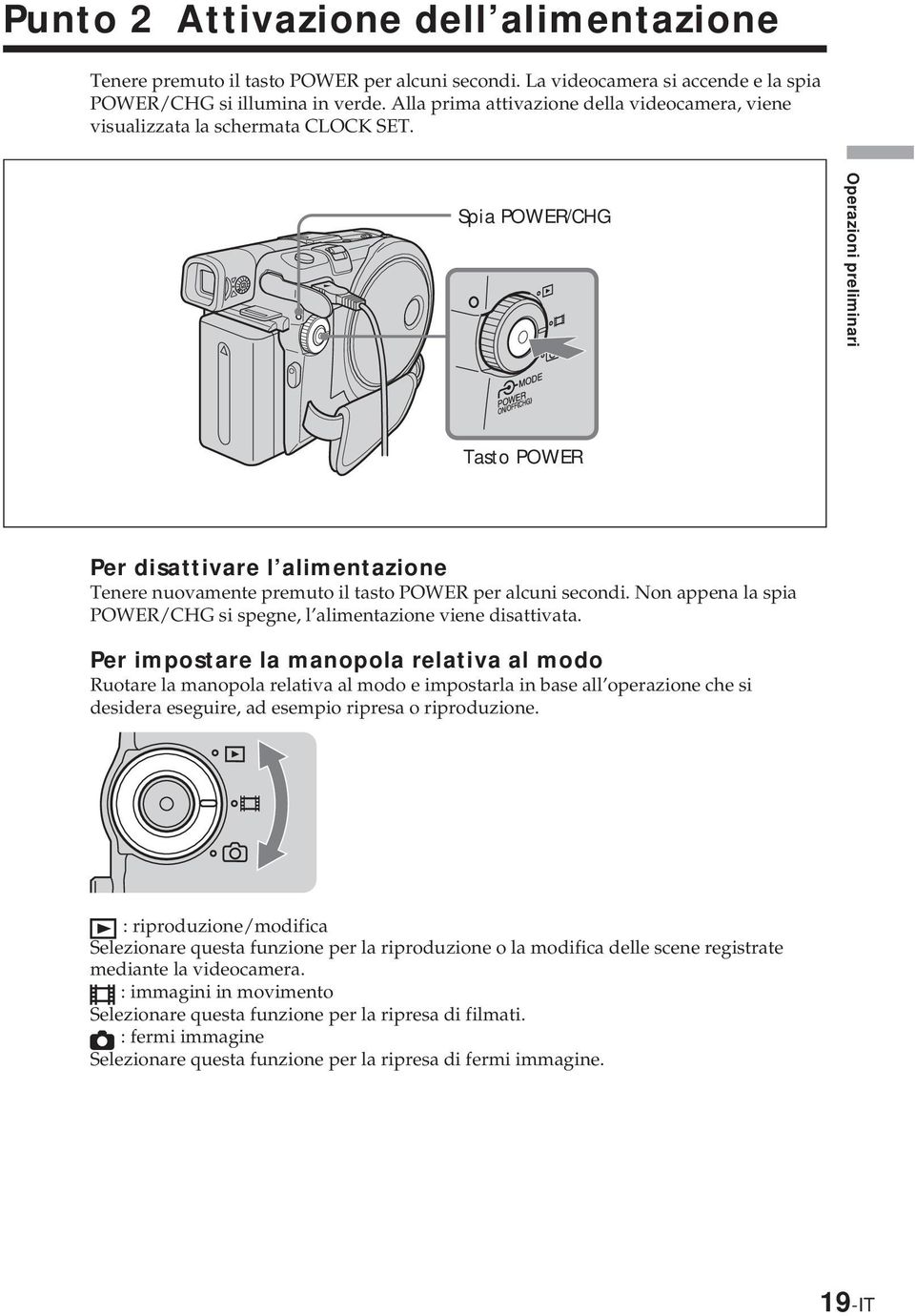 Spia POWER/CHG Operazioni preliminari Tasto POWER Per disattivare l alimentazione Tenere nuovamente premuto il tasto POWER per alcuni secondi.