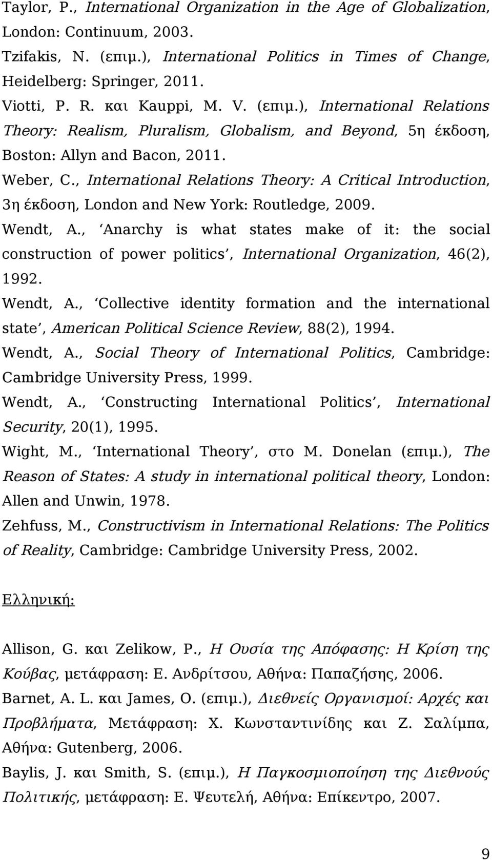 , International Relations Theory: A Critical Introduction, 3η έκδοση, London and New York: Routledge, 2009. Wendt, A.