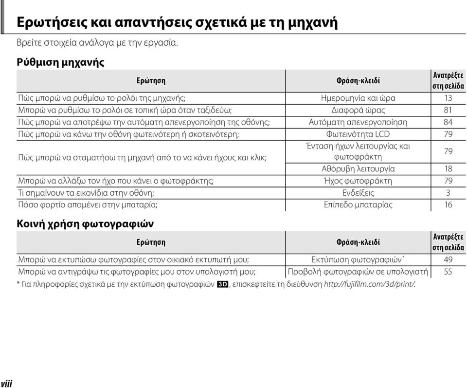 μπορώ να αποτρέψω την αυτόματη απενεργοποίηση της οθόνης; Αυτόματη απενεργοποίηση 84 Πώς μπορώ να κάνω την οθόνη φωτεινότερη ή σκοτεινότερη; Φωτεινότητα LCD 79 Ένταση ήχων λειτουργίας και Πώς μπορώ