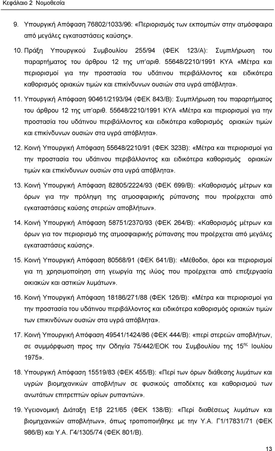 55648/2210/1991 ΚΥΑ «Μέτρα και περιορισμοί για την προστασία του υδάτινου περιβάλλοντος και ειδικότερα καθορισμός οριακών τιμών και επικίνδυνων ουσιών στα υγρά απόβλητα». 11.