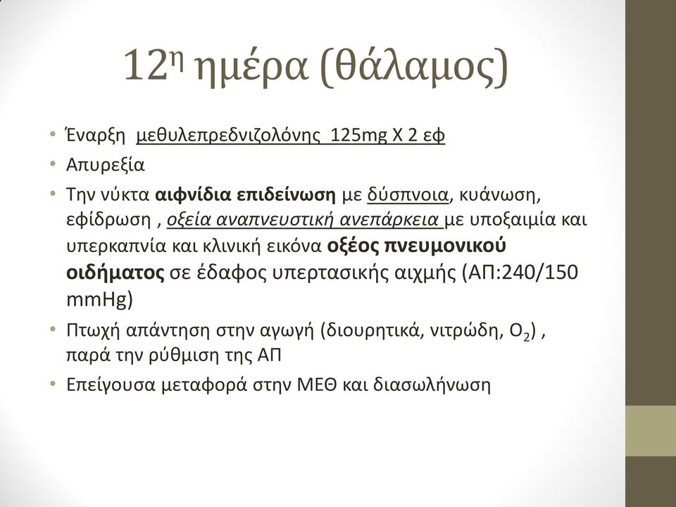 εικόνα οξέος πνευμονικού οιδήματος σε έδαφος υπερτασικής αιχμής (ΑΠ:240/150 mmhg) Πτωχή απάντηση στην