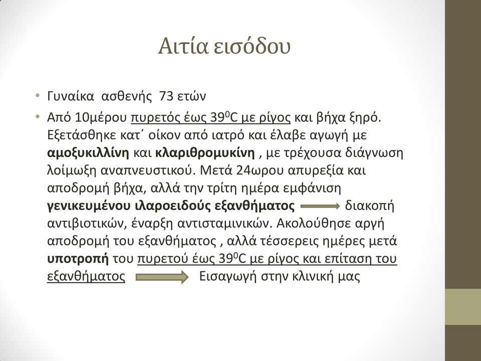 Μετά 24ωρου απυρεξία και αποδρομή βήχα, αλλά την τρίτη ημέρα εμφάνιση γενικευμένου ιλαροειδούς εξανθήματος διακοπή αντιβιοτικών,