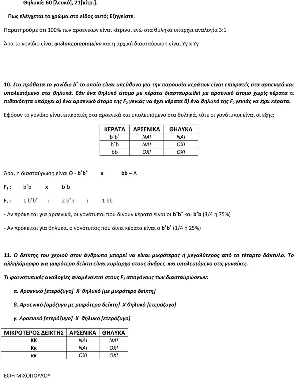 Στα πρόβατα το γονίδιο b + το οποίο είναι υπεύθυνο για την παρουσία κεράτων είναι επικρατές στα αρσενικά και υπολειπόμενο στα θηλυκά.