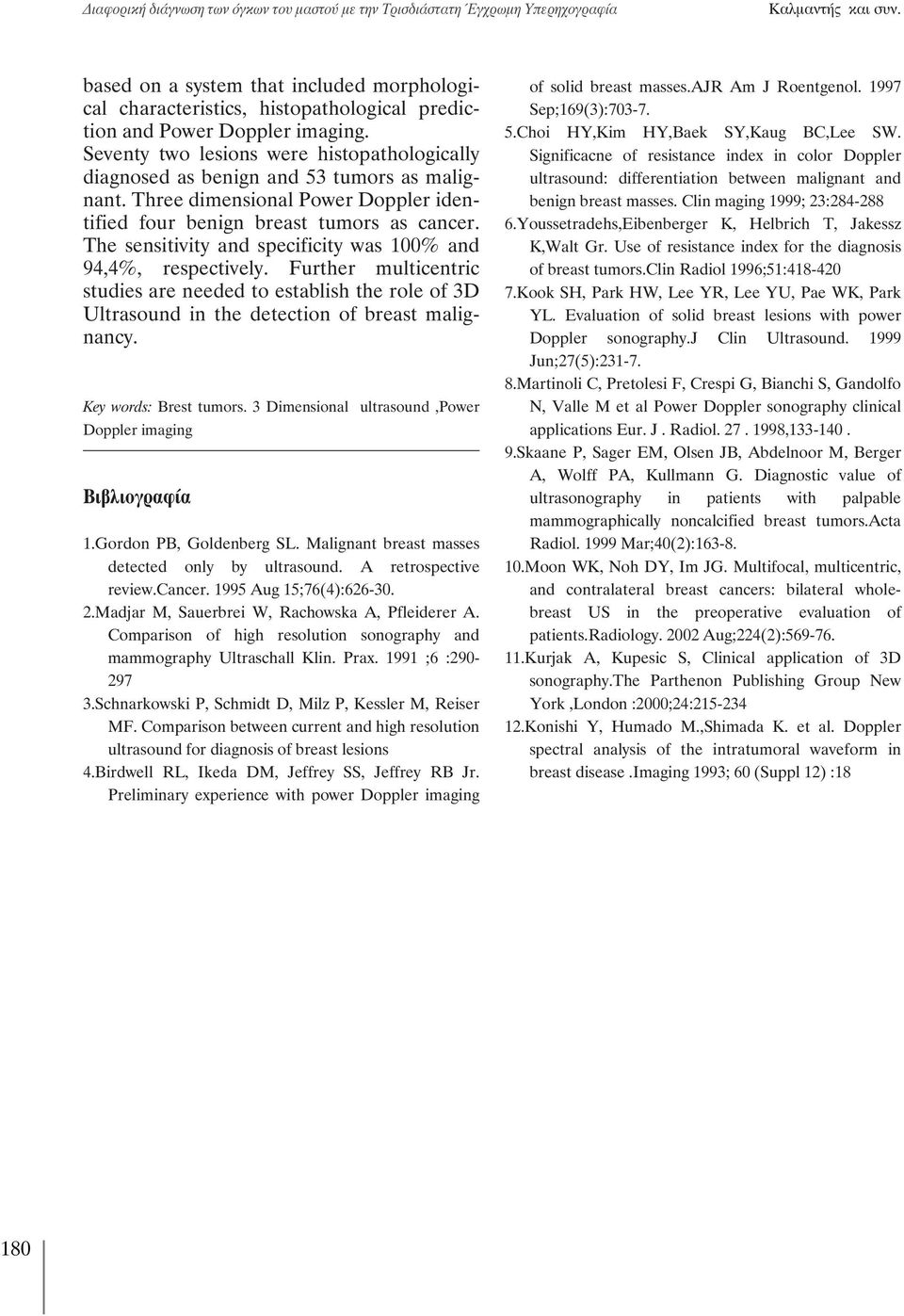 Seventy two lesions were histopathologically diagnosed as benign and 53 tumors as malignant. Three dimensional Power Doppler identified four benign breast tumors as cancer.