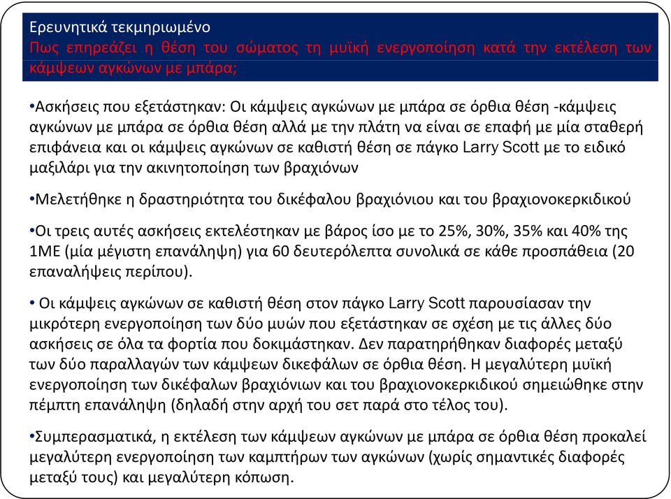 ακινητοποίηση των βραχιόνων Μελετήθηκε η δραστηριότητα του δικέφαλου βραχιόνιου και του βραχιονοκερκιδικού Οι τρεις αυτές ασκήσεις εκτελέστηκαν με βάρος ίσο με το 25%, 30%, 35% και 40% της 1ΜΕ (μία