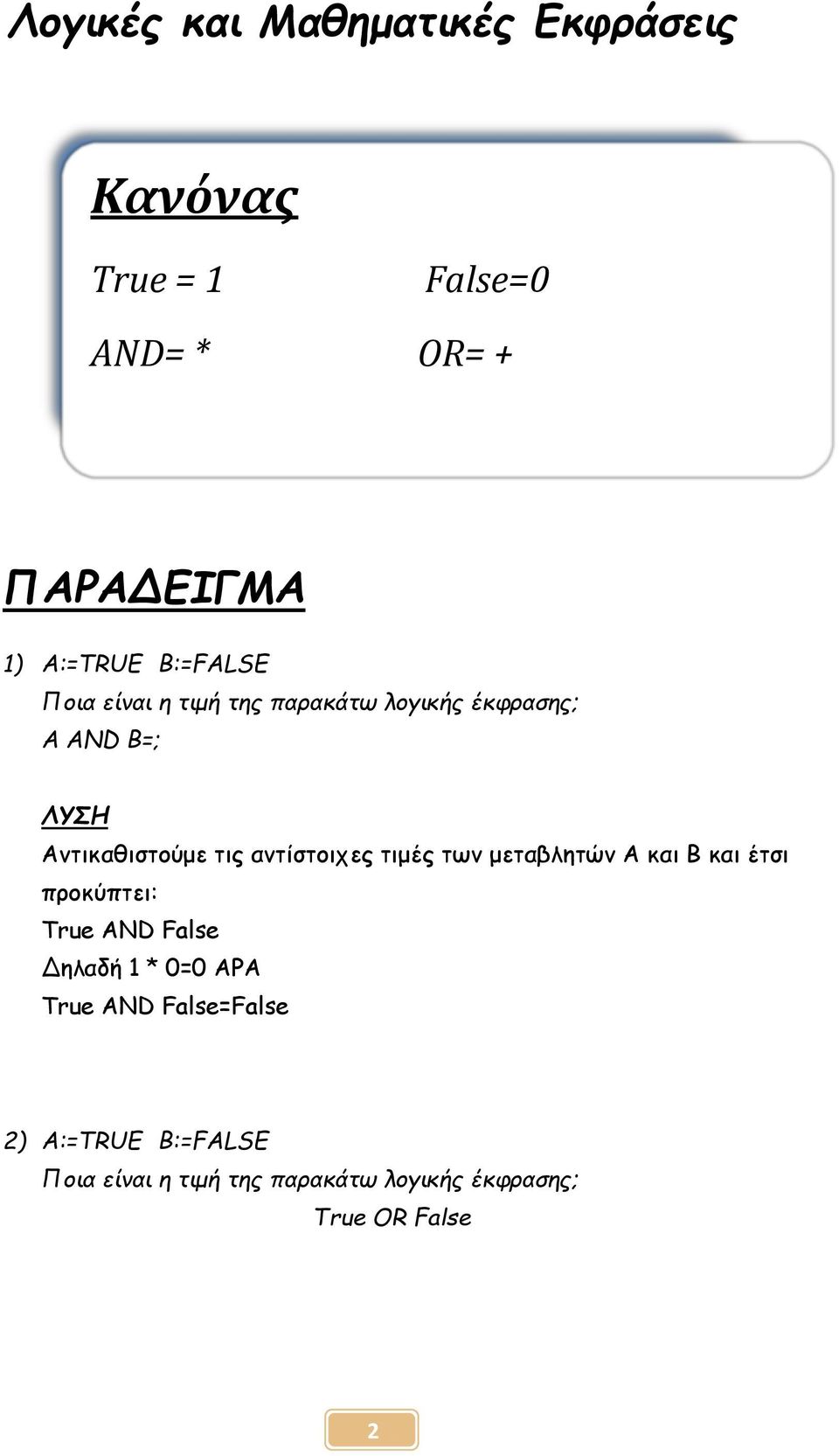 αντίστοιχες τιμές των μεταβλητών Α και Β και έτσι προκύπτει: True AND False Δηλαδή 1 * 0=0 ΑΡΑ