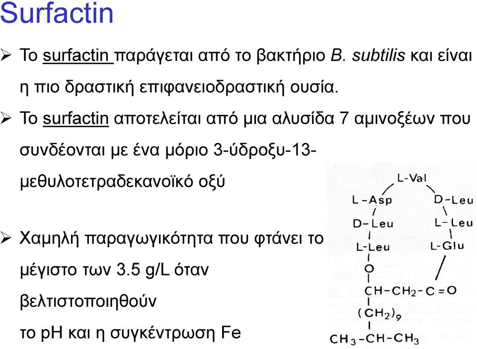 Το surfactin αποτελείται από μια αλυσίδα 7 αμινοξέων που συνδέονται με ένα μόριο