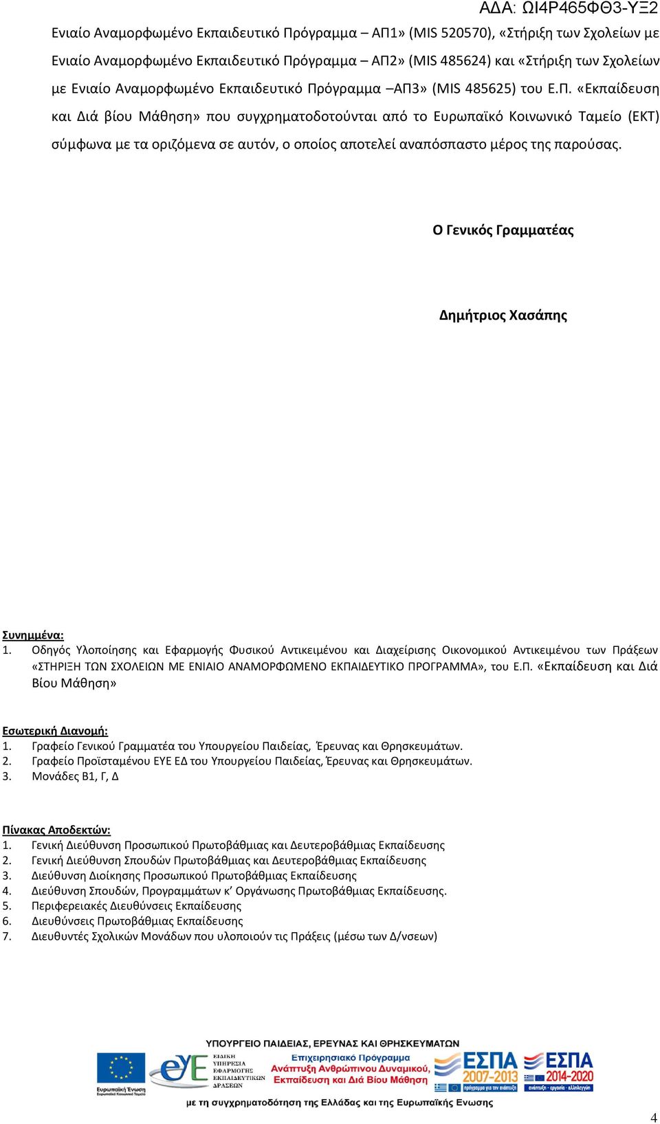 Ο Γενικός Γραμματέας Δημήτριος Χασάπης Συνημμένα: 1.