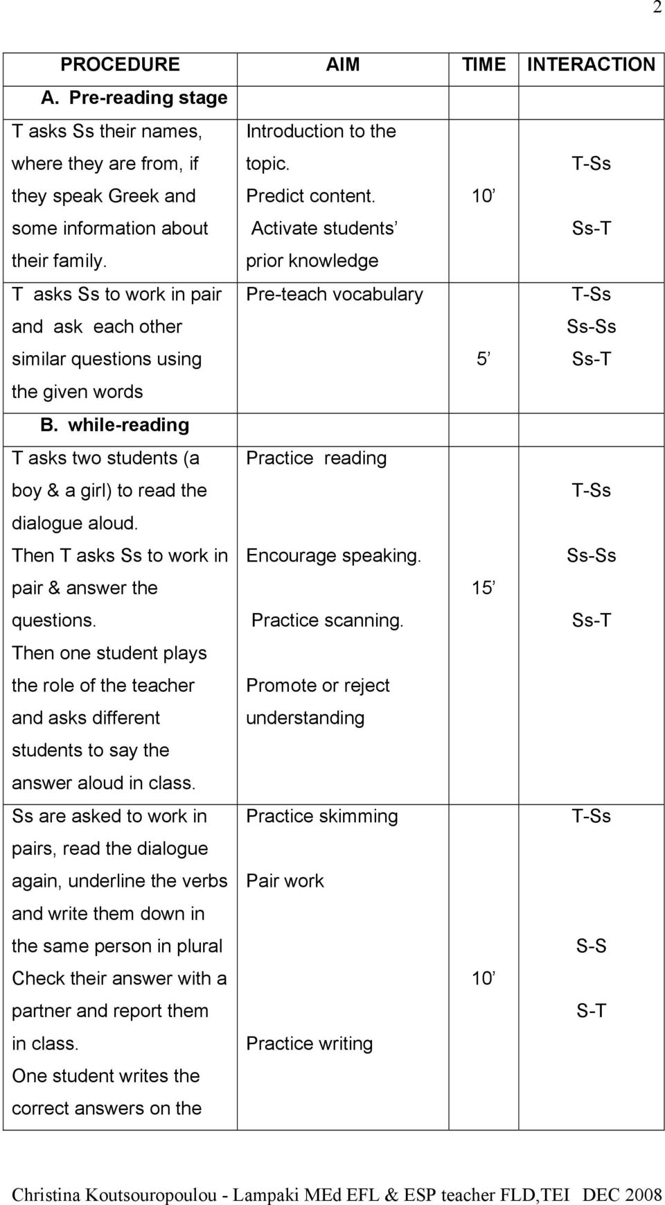 while-reading T asks two students (a boy & a girl) to read the dialogue aloud. Then T asks Ss to work in pair & answer the questions. Practice reading Encourage speaking. Practice scanning.