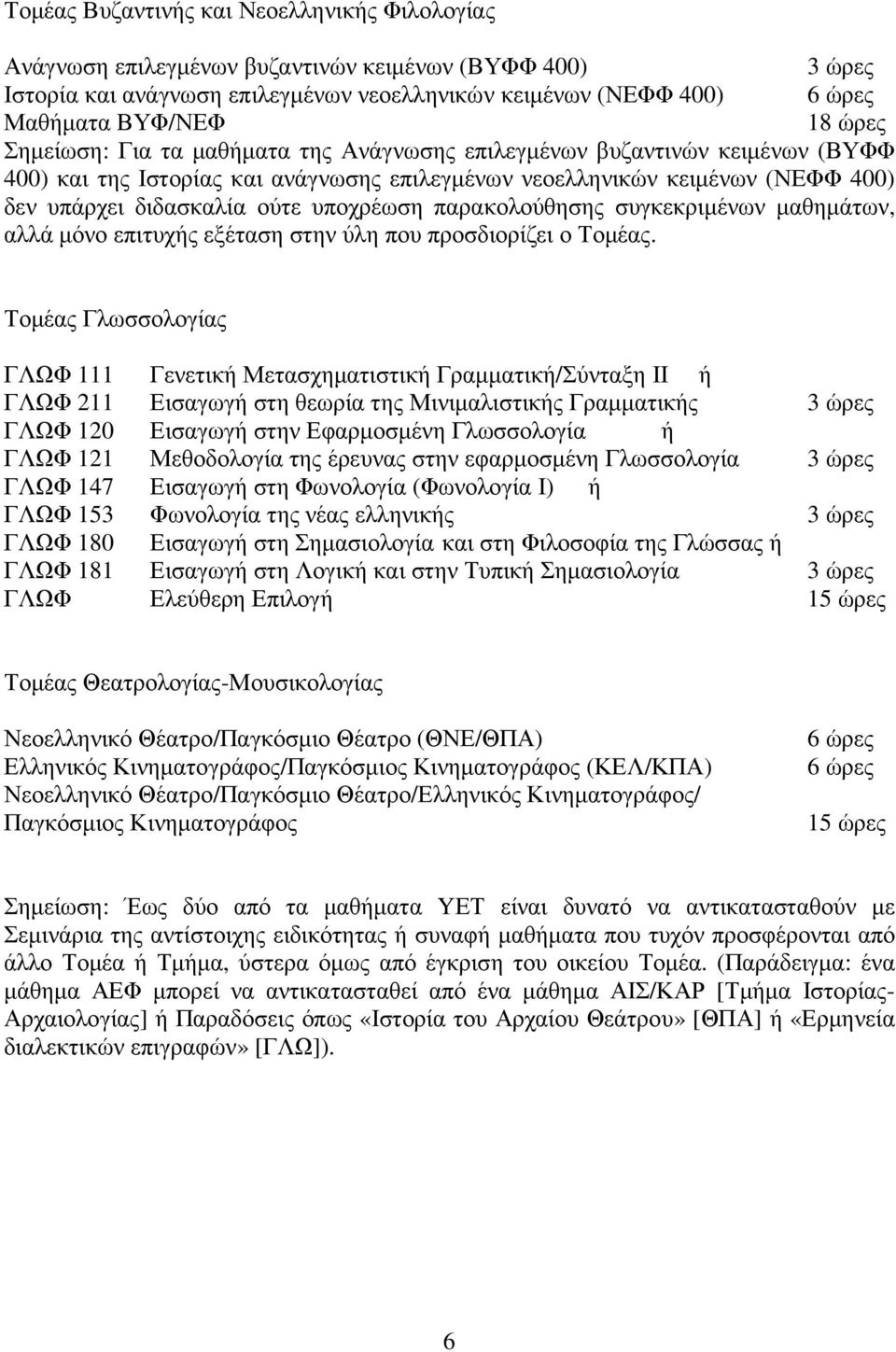 παρακολούθησης συγκεκριμένων μαθημάτων, αλλά μόνο επιτυχής εξέταση στην ύλη που προσδιορίζει ο Τομέας.