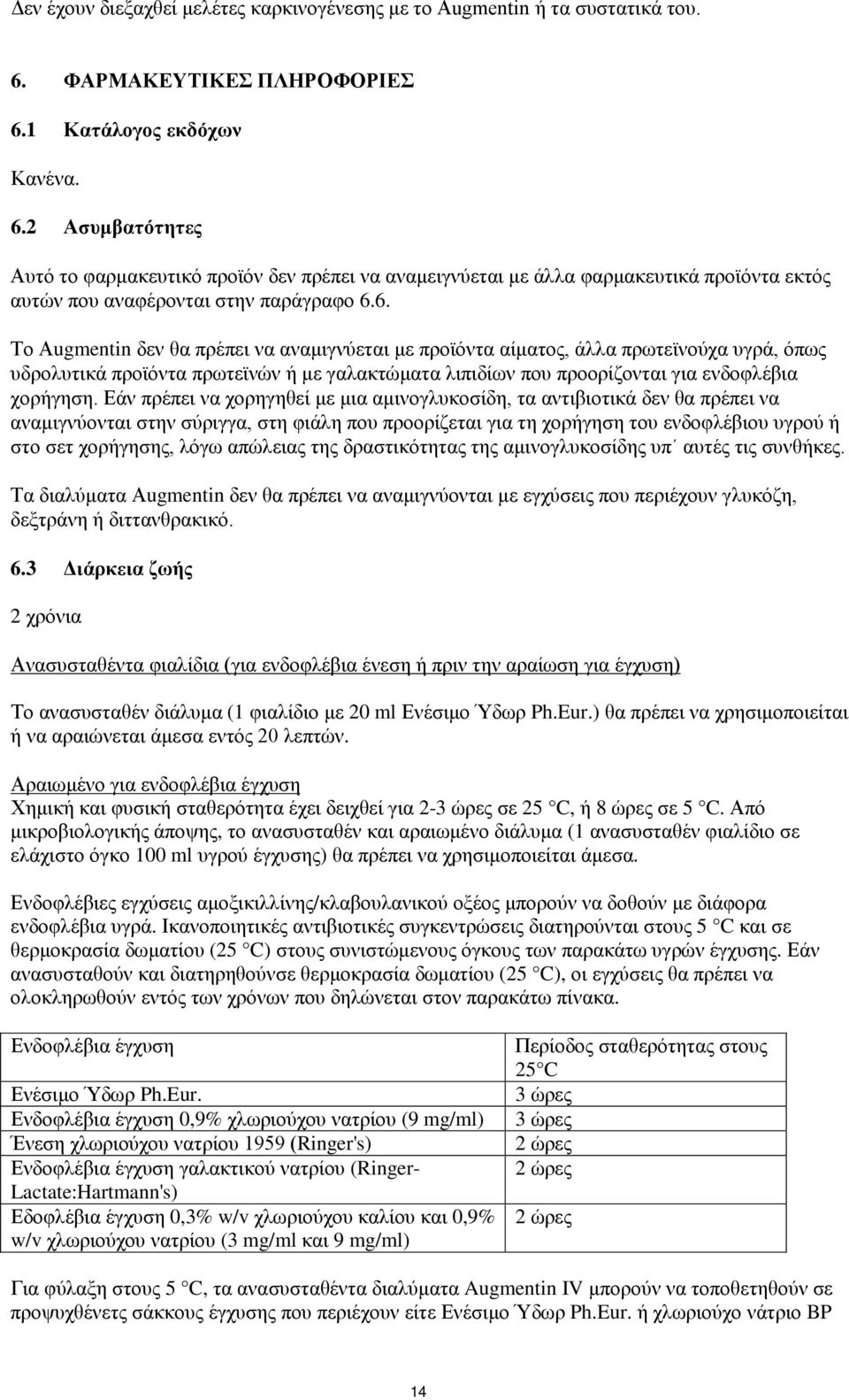 6. Το Augmentin δεν θα πρέπει να αναμιγνύεται με προϊόντα αίματος, άλλα πρωτεϊνούχα υγρά, όπως υδρολυτικά προϊόντα πρωτεϊνών ή με γαλακτώματα λιπιδίων που προορίζονται για ενδοφλέβια χορήγηση.