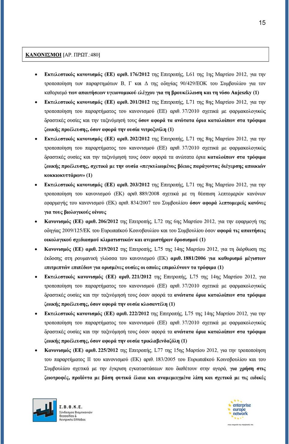 βρουκέλλωση και τη νόσο Aujeszky (1) Εκτελεστικός κανονισμός (ΕΕ) αριθ. 201/2012 της Επιτροπής, L71 της 8ης Μαρτίου 2012, για την τροποποίηση του παραρτήματος του κανονισμού (ΕΕ) αριθ.