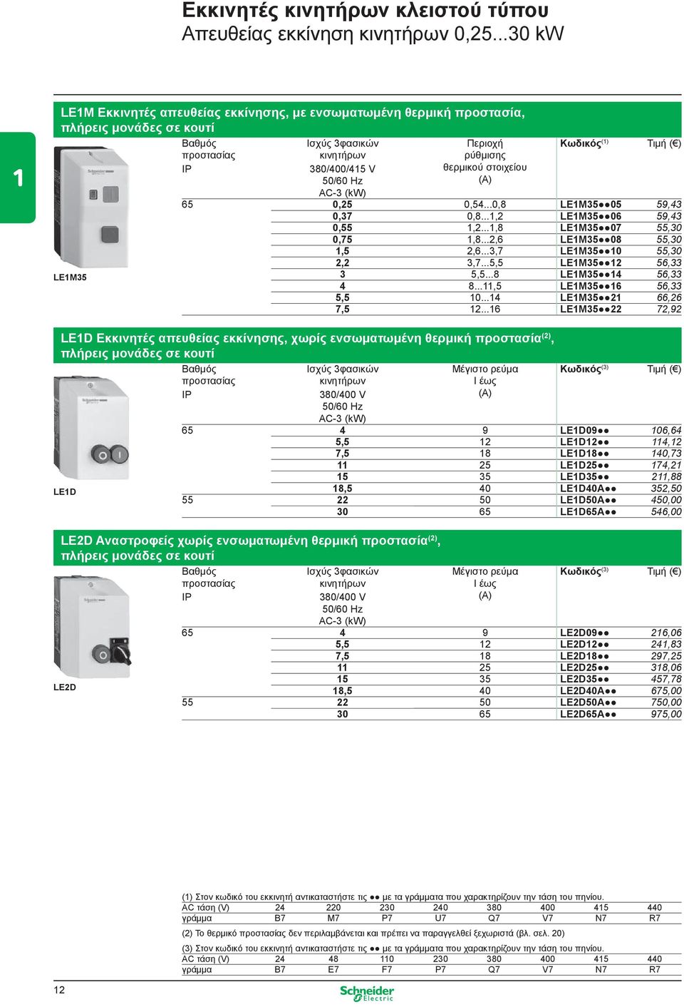 Περιοχή ρύθμισης θερμικού στοιχείου (Α) Κωδικός (1) Τιμή ( ) 65 0,25 0,54...0,8 LE1M35 05 59,43 0,37 0,8...1,2 LE1M35 06 59,43 0,55 1,2...1,8 LE1M35 07 55,30 0,75 1,8...2,6 LE1M35 08 55,30 1,5 2,6.