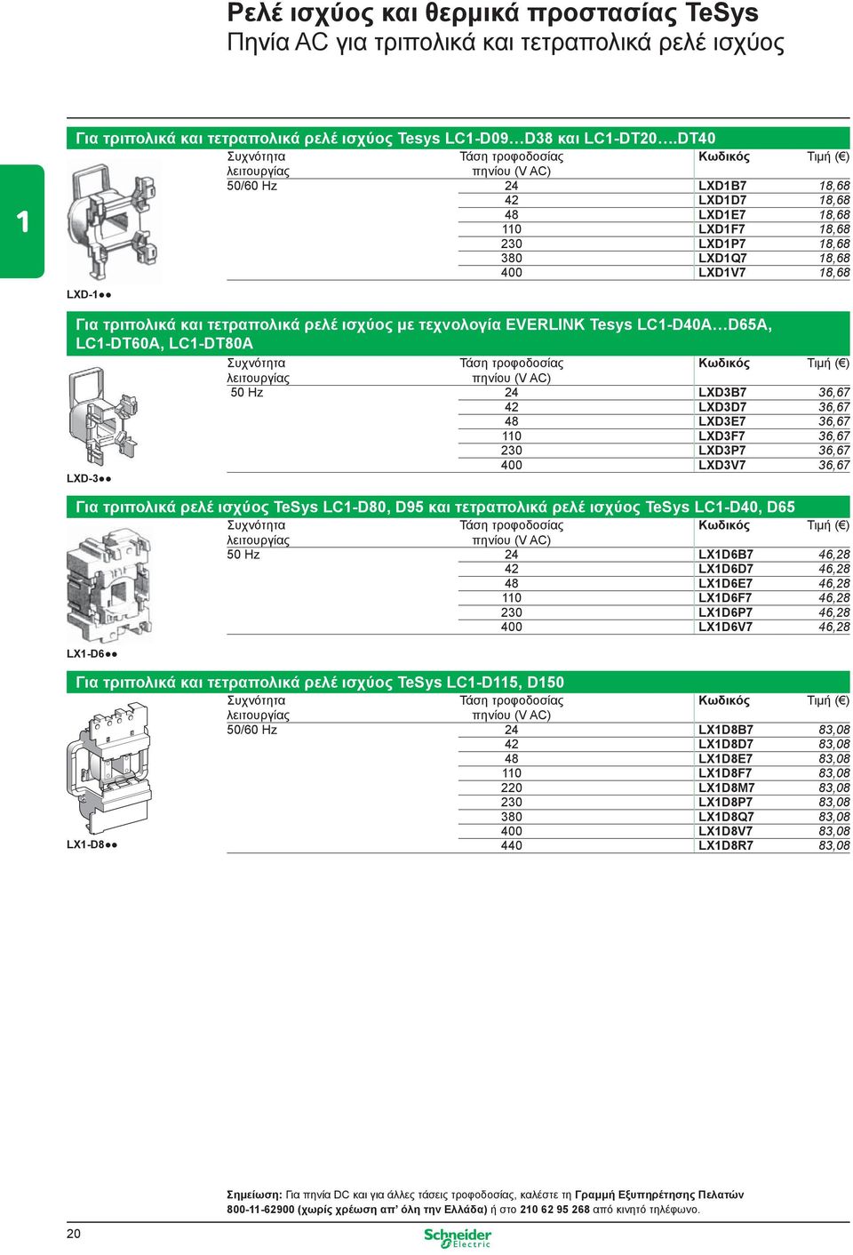 τριπολικά και τετραπολικά ρελέ ισχύος με τεχνολογία EVERLINK Tesys LC1-D40A D65A, LC1-DT60A, LC1-DT80A Συχνότητα Τάση τροφοδοσίας λειτουργίας πηνίου (V AC) 50 Ηz 24 LXD3B7 36,67 42 LXD3D7 36,67 48