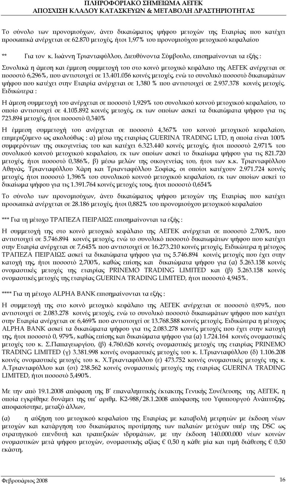 401.056 κοινές μετοχές, ενώ το συνολικό ποσοστό δικαιωμάτων ψήφου που κατέχει στην Εταιρία ανέρχεται σε 1,380 % που αντιστοιχεί σε 2.937.378 κοινές μετοχές.