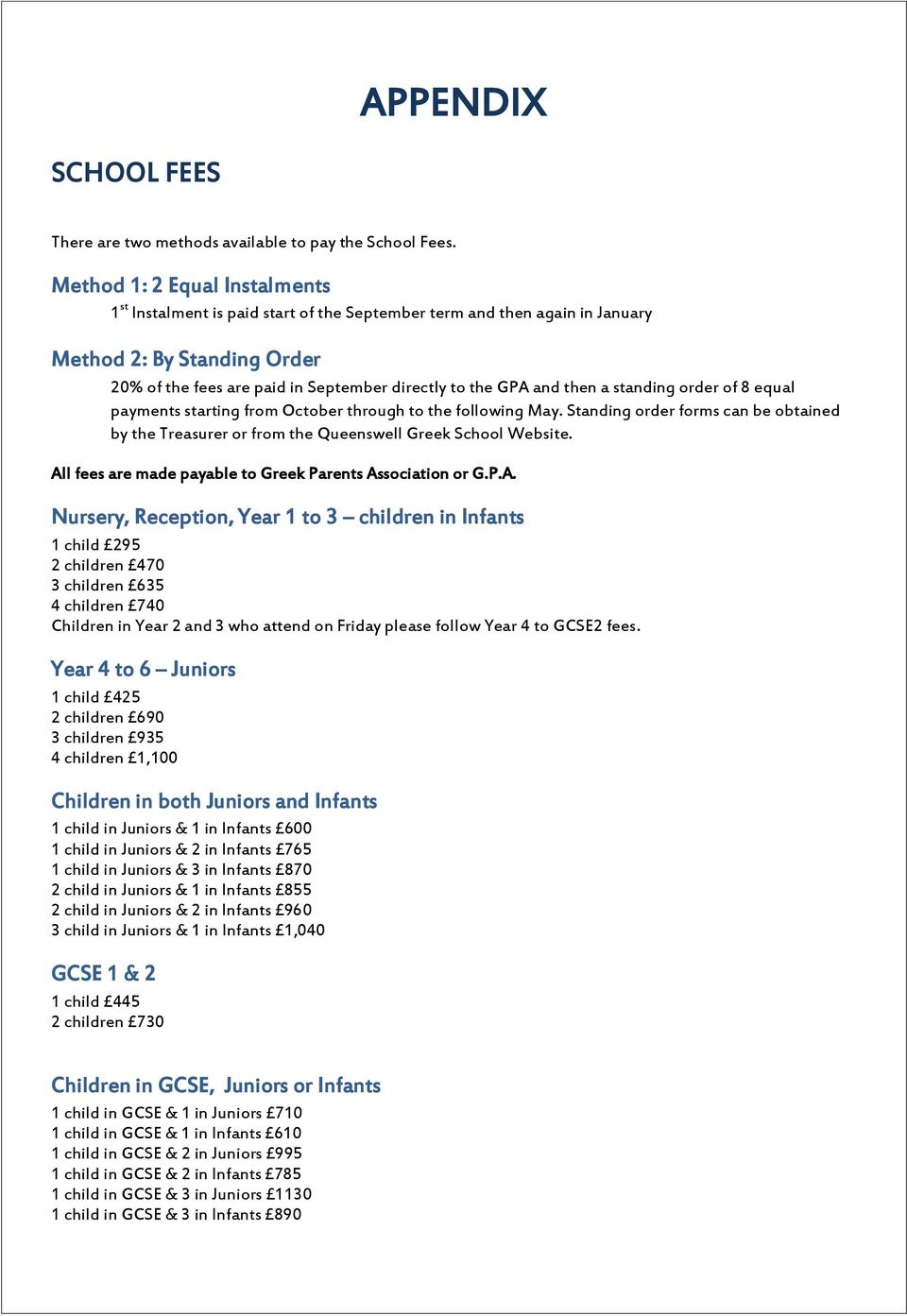 then a standing order of 8 equal payments starting from October through to the following May. Standing order forms can be obtained by the Treasurer or from the Queenswell Greek School Website.