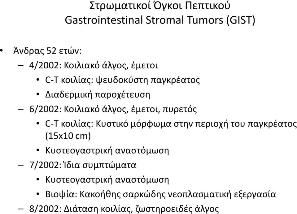 κοιλίας: Κυστικό μόρφωμα στην περιοχή του παγκρέατος (15x10 cm) Κυστεογαστρική αναστόμωση 7/2002: Ίδια