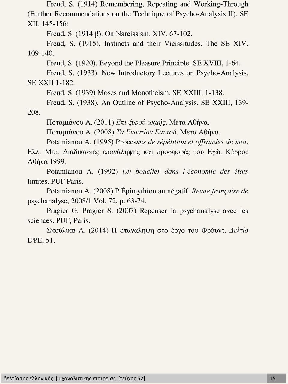 Freud, S. (1939) Moses and Monotheism. SE XXIII, 1-138. Freud, S. (1938). An Outline of Psycho-Analysis. SE XXIII, 139-208. Ποταμιάνου Α. (2011) Επι ξυρού ακμής. Μετα Αθήνα. Ποταμιάνου Α. (2008) Τα Εναντίον Εαυτού.