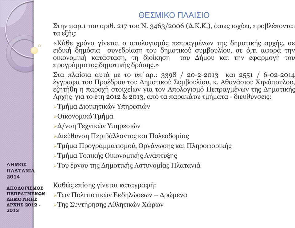 Κ.), όπως ισχύει, προβλέπονται τα εξής: «Κάθε χρόνο γίνεται ο απολογισμός πεπραγμένων της δημοτικής αρχής, σε ειδική δημόσια συνεδρίαση του δημοτικού συμβουλίου, σε ό,τι αφορά την οικονομική