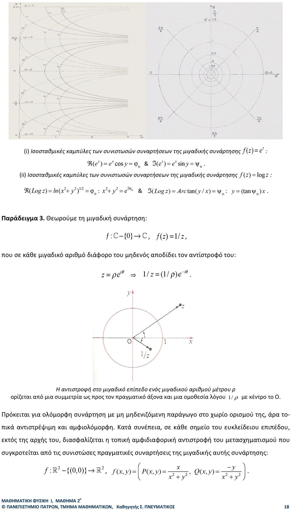 {0}, f ( z) = 1/ z, που σε κάθε μιγαδικό αριθμό διάφορο του μηδενός αποδίδει τον αντίστροφό του: z = ρ eiθ 1/ z = (1/ ρ ) e iθ Η αντιστροφή στο μιγαδικό επίπεδο ενός μιγαδικού αριθμού μέτρου ρ