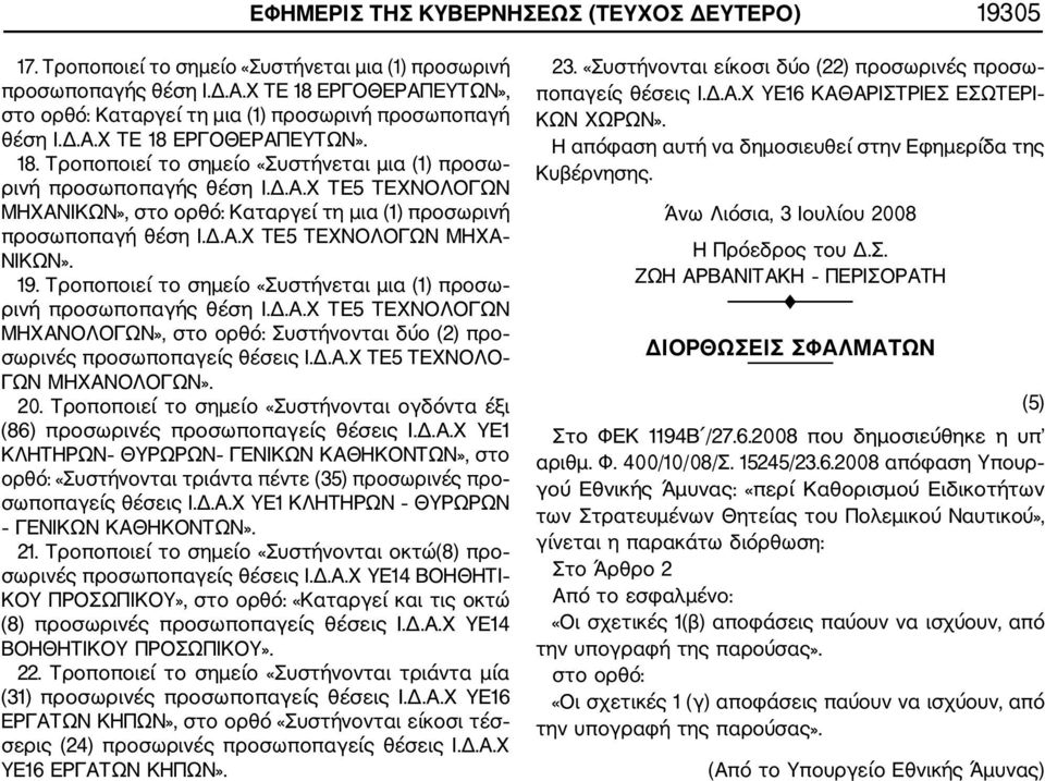 Δ.Α.Χ ΤΕ5 ΤΕΧΝΟΛΟΓΩΝ ΜΗΧΑ ΝΙΚΩΝ». 19. Τροποποιεί το σημείο «Συστήνεται μια (1) προσω ρινή προσωποπαγής θέση Ι.Δ.Α.Χ ΤΕ5 ΤΕΧΝΟΛΟΓΩΝ ΜΗΧΑΝΟΛΟΓΩΝ», στο ορθό: Συστήνονται δύο (2) προ σωρινές προσωποπαγείς θέσεις Ι.