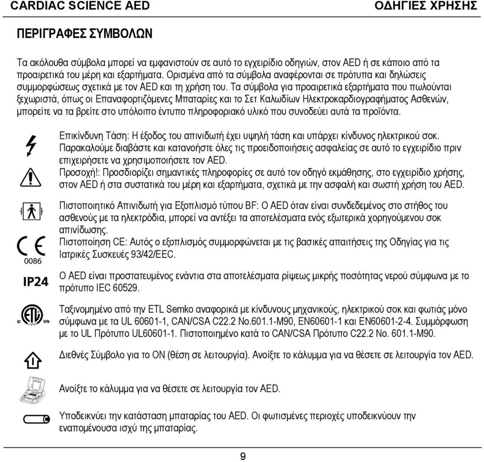 Τα σύμβολα για προαιρετικά εξαρτήματα που πωλούνται ξεχωριστά, όπως οι Επαναφορτιζόμενες Μπαταρίες και το Σετ Καλωδίων Ηλεκτροκαρδιογραφήματος Ασθενών, μπορείτε να τα βρείτε στο υπόλοιπο έντυπο