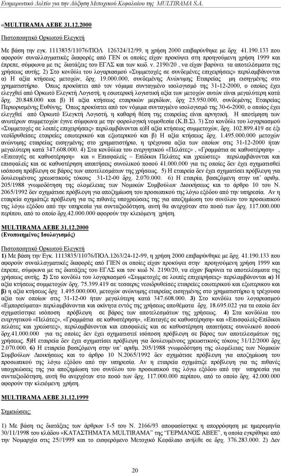 2190/20, να είχαν βαρύνει τα αποτελέσµατα της χρήσεως αυτής. 2) Στο κονδύλι του λογαριασµού «Συµµετοχές σε συνδεµένες επιχειρήσεις» περιλαµβάνονται α) Η αξία κτήσεως µετοχών, δρχ. 19.000.