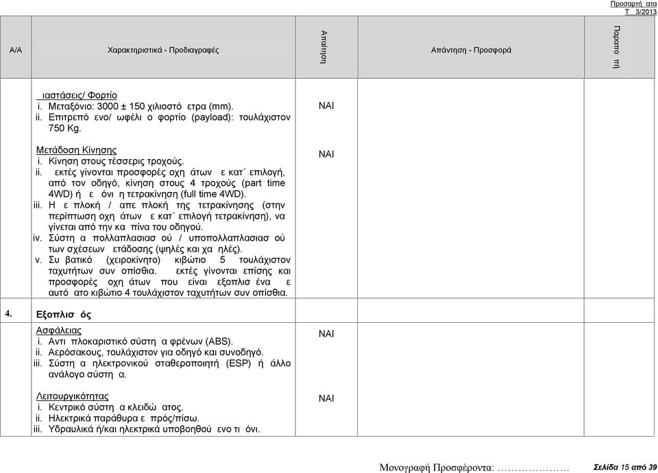 Δεκτές γίνονται προσφορές οχημάτων με κατ επιλογή, από τον οδηγό, κίνηση στους 4 τροχούς ( part time 4WD) ή με μόνιμη τετρακίνηση (full time 4WD). iii.