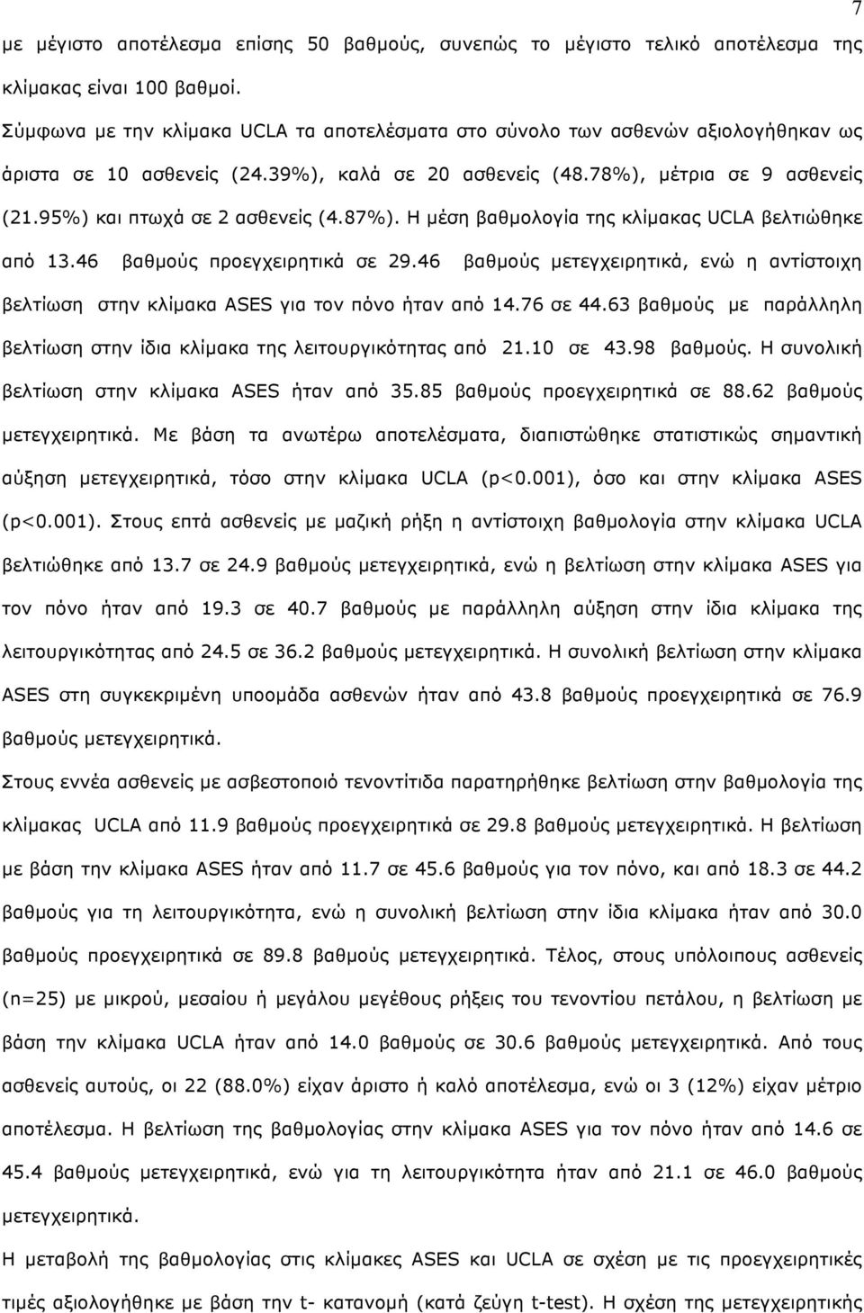 95%) και πτωχά σε 2 ασθενείς (4.87%). Η µέση βαθµολογία της κλίµακας UCLA βελτιώθηκε από 13.46 βαθµούς προεγχειρητικά σε 29.