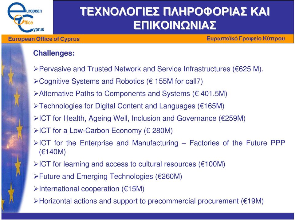 5M) Technologies for Digital Content and Languages ( 165M) ICT for Health, Ageing Well, Inclusion and Governance ( 259M) ICT for a Low-Carbon Economy ( 280M) ICT