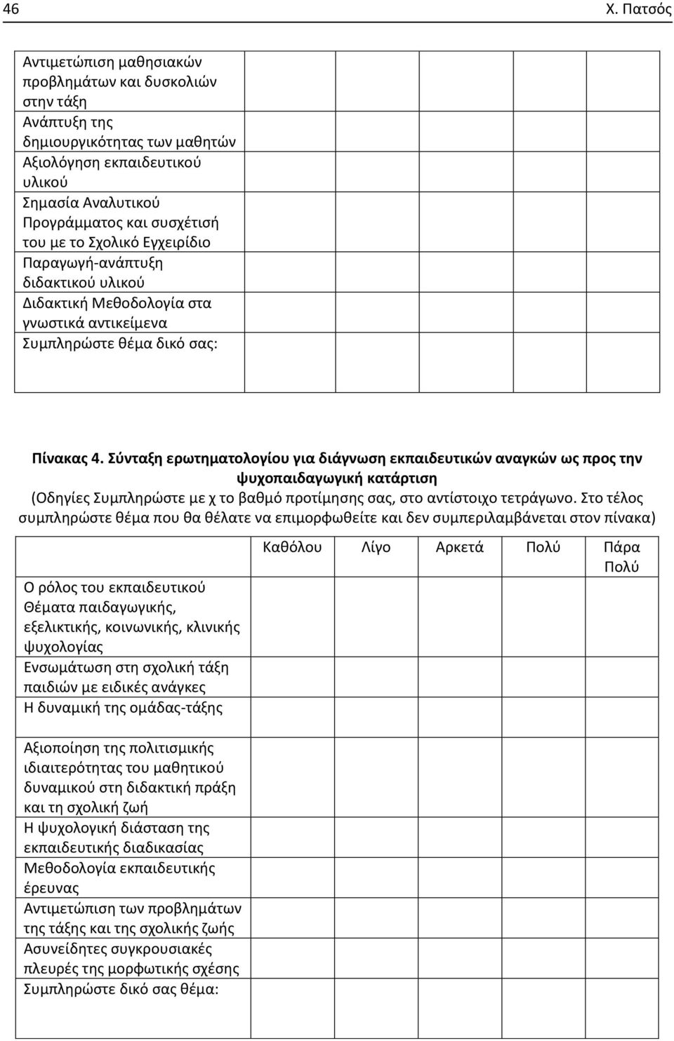 Σύνταξη ερωτηματολογίου για διάγνωση εκπαιδευτικών αναγκών ως προς την ψυχοπαιδαγωγική κατάρτιση (Οδηγίες Συμπληρώστε με χ το βαθμό προτίμησης σας, στο αντίστοιχο τετράγωνο.