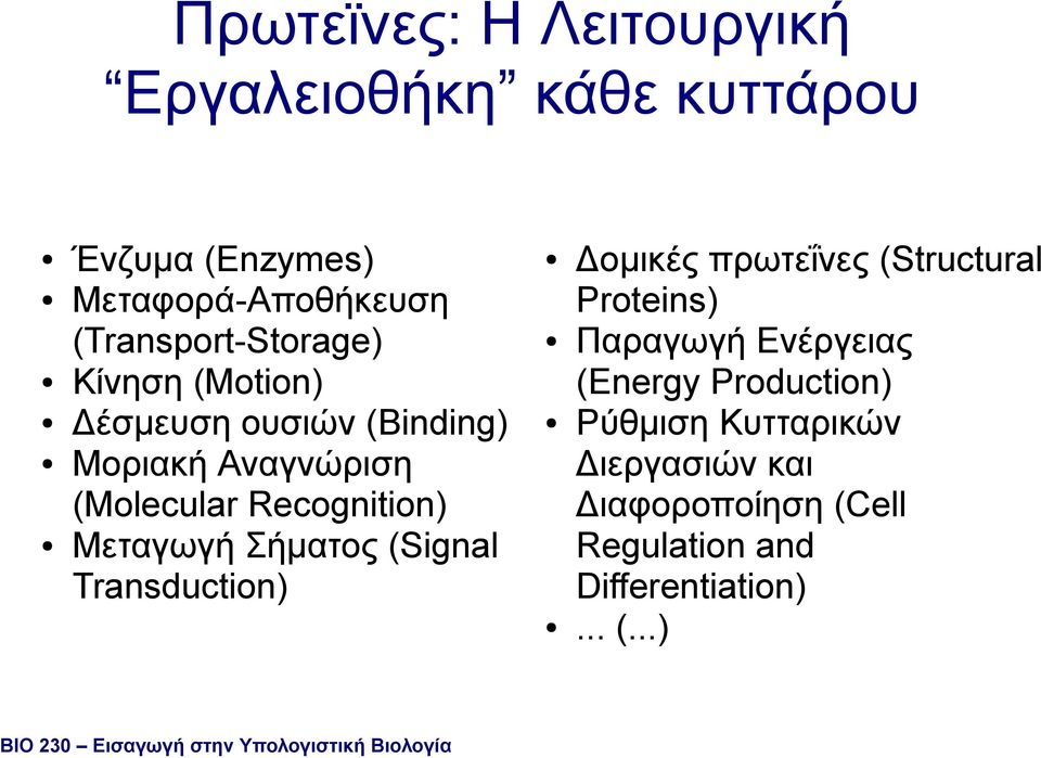 Transduction) ΒΙΟ 230 Εισαγωγή στην Υπολογιστική Βιολογία Δοµικές πρωτεΐνες (Structural Proteins) Παραγωγή