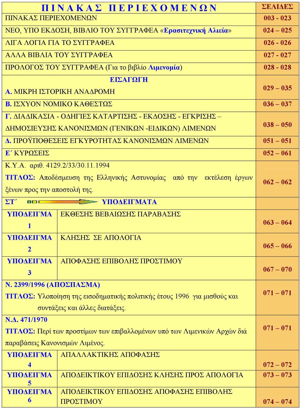 ΔIAΔIKAΣIA - OΔHΓIEΣ KATAPTIΣHΣ - EKΔOΣHΣ - EΓKPIΣHΣ ΔHMOΣIEYΣHΣ KANONIΣMΩN (ΓENIKΩN -EIΔIKΩN) ΛIMENΩΝ 038 050 Δ. ΠPOΫΠOΘEΣEIΣ EΓKYPOTHTAΣ KANONIΣMΩN ΛIMENΩN 051 051 E KYPΩΣEIΣ 052 061 Κ.Υ.Α. αριθ.