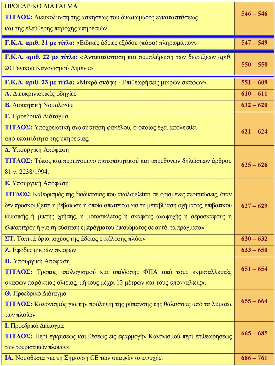 551 609 Α. Διευκρινιστικές οδηγίες 610 611 Β. Διοικητική Νομολογία 612 620 Γ. Προεδρικό Διάταγμα ΤΙΤΛΟΣ: Υποχρεωτική ανασύσταση φακέλου, ο οποίος έχει απολεσθεί 621 624 από υπαιτιότητα της υπηρεσίας.