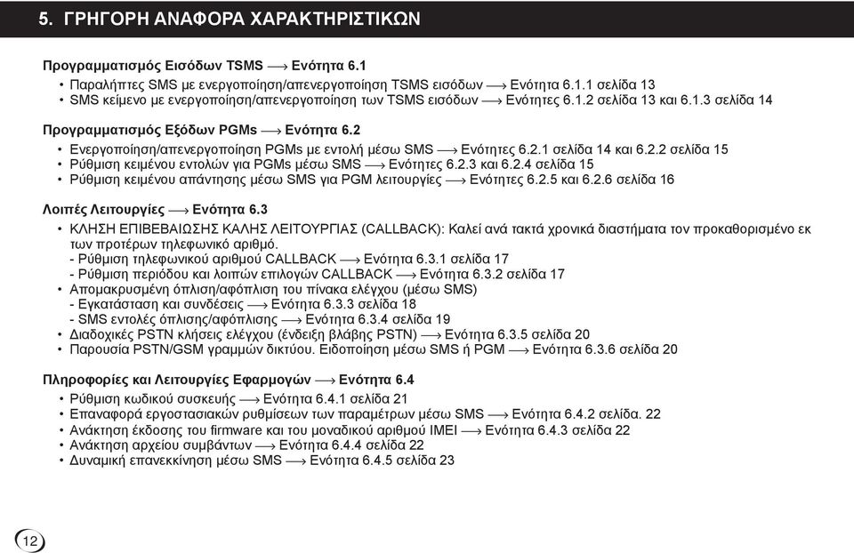 2.3 και 6.2.4 σελίδα 15 Ρύθμιση κειμένου απάντησης μέσω SMS για PGM λειτουργίες Ενότητες 6.2.5 και 6.2.6 σελίδα 16 Λοιπές Λειτουργίες Ενότητα 6.