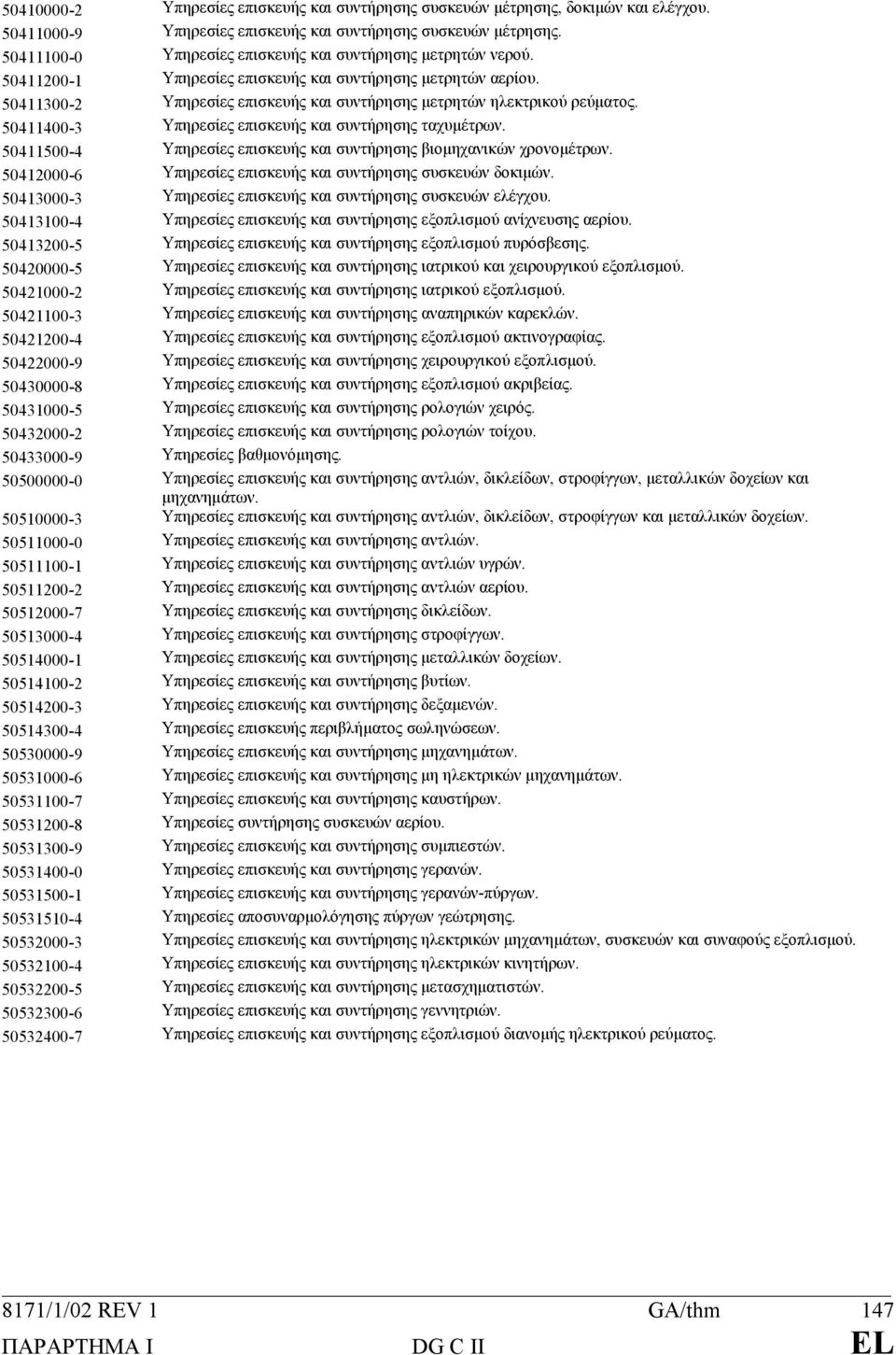 50411400-3 Υπηρεσίες επισκευής και συντήρησης ταχυµέτρων. 50411500-4 Υπηρεσίες επισκευής και συντήρησης βιοµηχανικών χρονοµέτρων. 50412000-6 Υπηρεσίες επισκευής και συντήρησης συσκευών δοκιµών.